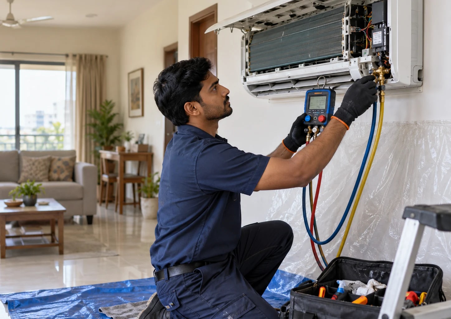 Technician professionally servicing a split air conditioner in a Tamil Nadu home