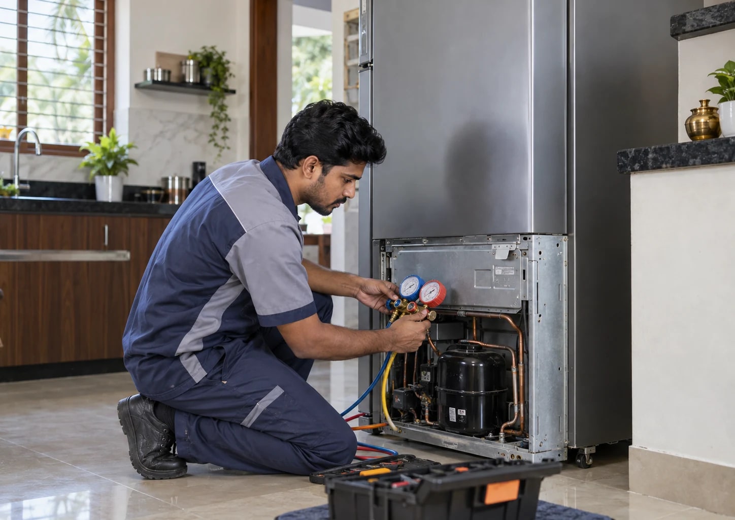 Appliance technician checking a refrigerator cooling system
