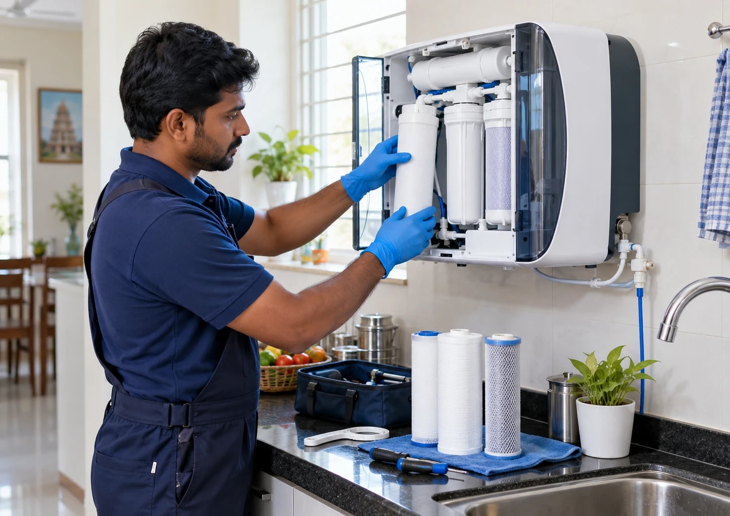 Technician servicing a wall-mounted RO water purifier in a clean kitchen