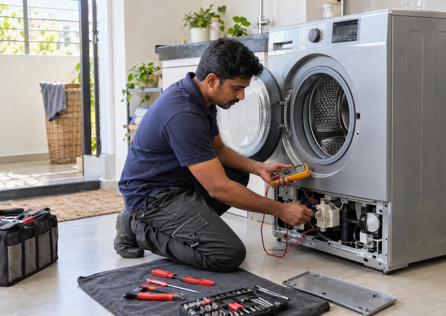 Technician inspecting a front-load washing machine in a modern utility room